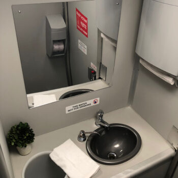 Compact restroom sink with mirror, gray basin, towels, plant, signs in Rancho Cordova, CA